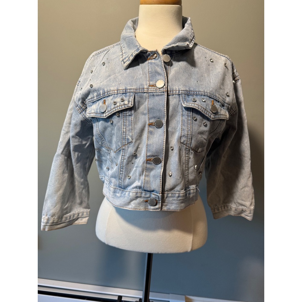 CI SONO Denim Jacket‎ Rhinestone Embellished Cropped 3/4 Sleeve Light Wash XL